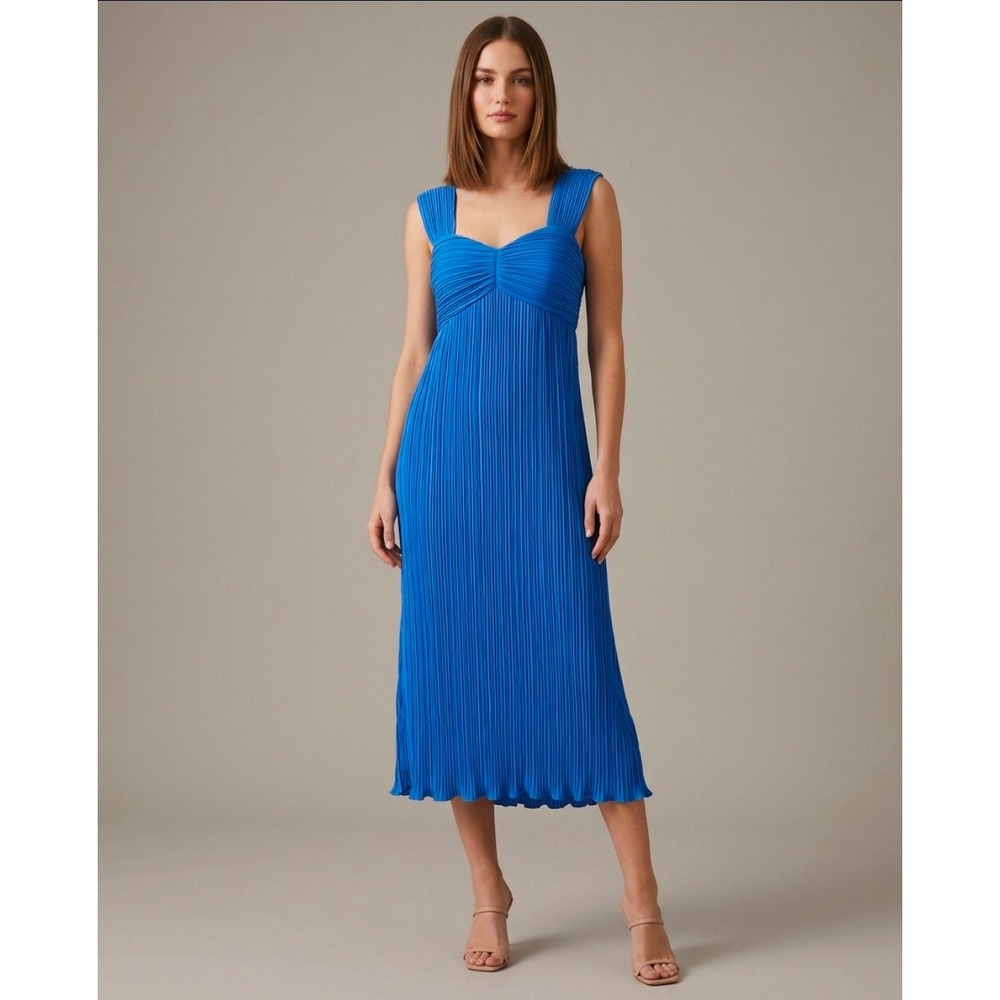 New Anthropologie Blue Micro Pleated Sweetheart Midi Dress NWT Size L‎